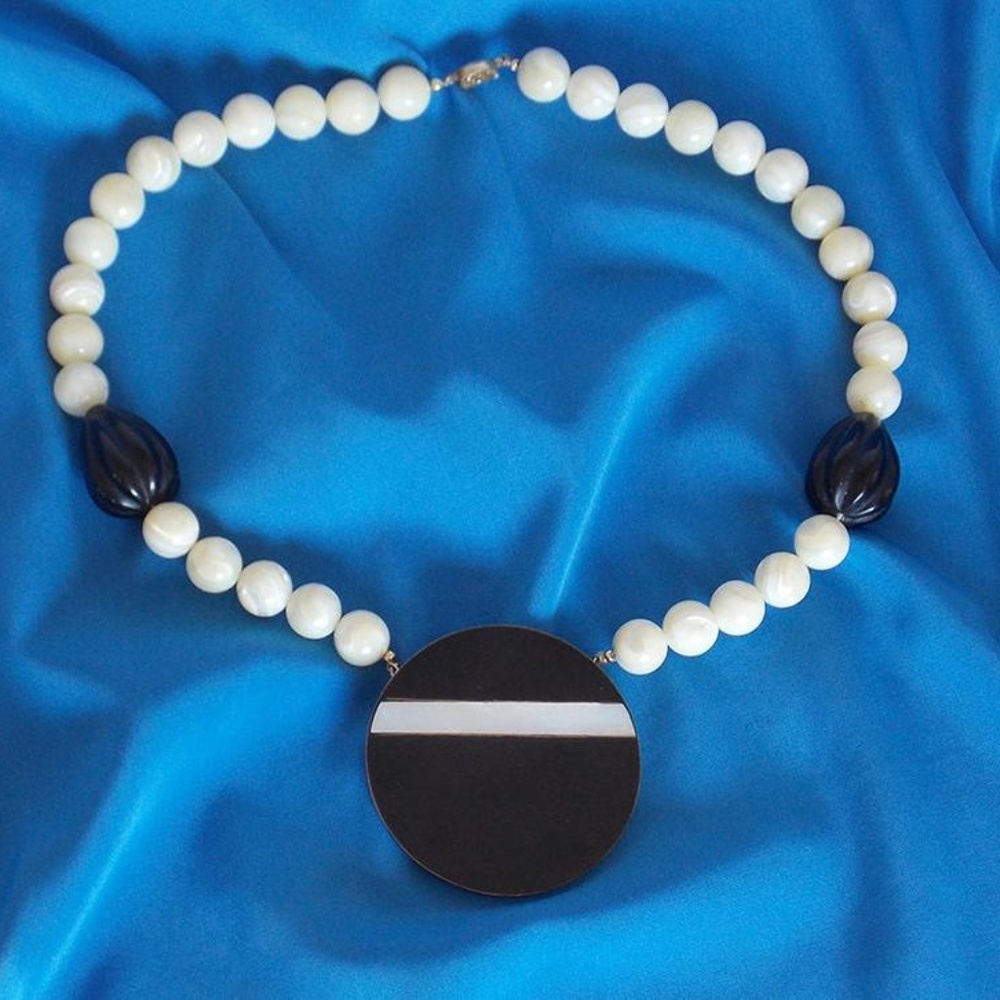Mother of Pearl beads, black onyx inlay necklace